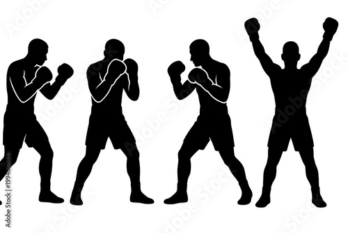 Athlete boxer fighter silhouette set showing punching stance guard and victory raise.