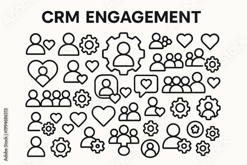 Business CRM engagement vector icons poster featuring headline with profile heart gear icons.