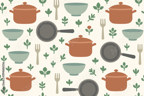 Cooking utensil cuisine vector seamless pattern featuring pots pans forks herbs and bowls.