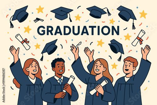 Graduation ceremony success flat cartoon holiday banner showing caps diplomas stars and proud students.