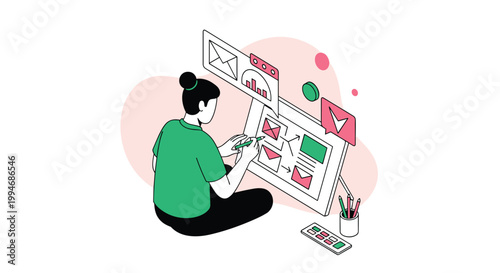 Isometric illustration of a female marketer designing an email campaign workflow on a large digital screen with a stylus