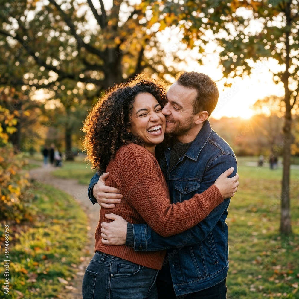 Fototapeta premium Couple Embracing with Joy in Autumn Park at Golden Hour