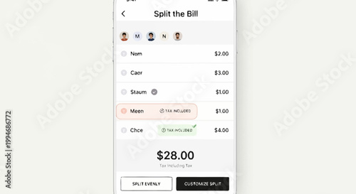 Mobile payment app interface with bill splitting options.