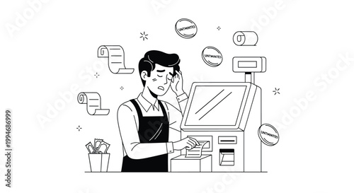 A stressed male cashier in a black apron looks overwhelmed while operating a point-of-sale terminal with floating receipts and coins.