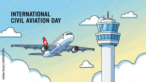 Airplane and Control Tower Marking International Aviation Day