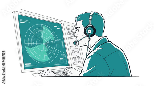 Air Traffic Controller Operating Radar Console
