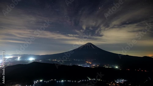 富士山と雲の合間から見える天の川のタイムラプス