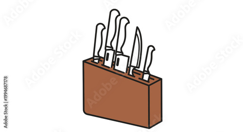 Brown wooden knife block with knives.