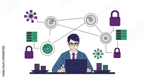 A businessman at a laptop manages a secure network diagram with servers, nodes, and padlocks, representing cybersecurity and data protection.