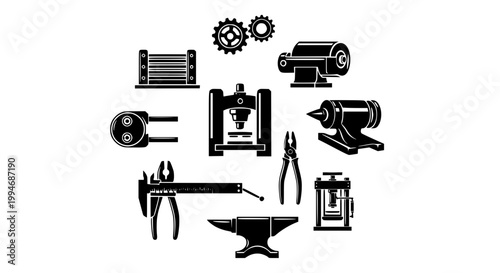 Industrial machinery vector icon set with gears rollers press anvil pliers and caliper manufacturing equipment