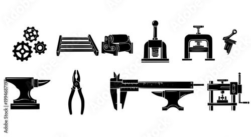 Manufacturing equipment icon collection industrial machinery gears press anvil and tools vector set