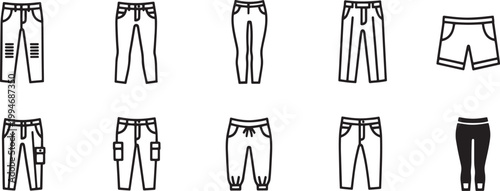 A collection of black and white line drawings depicting various styles of pants.