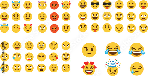 Emoji faces collection with different emotions including laughing, crying, angry, sad and love expressions colorful smiley vector illustration set