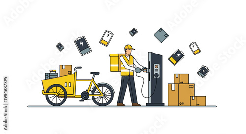 A delivery worker charges a yellow electric cargo bicycle at a charging station, surrounded by packages and floating battery icons.