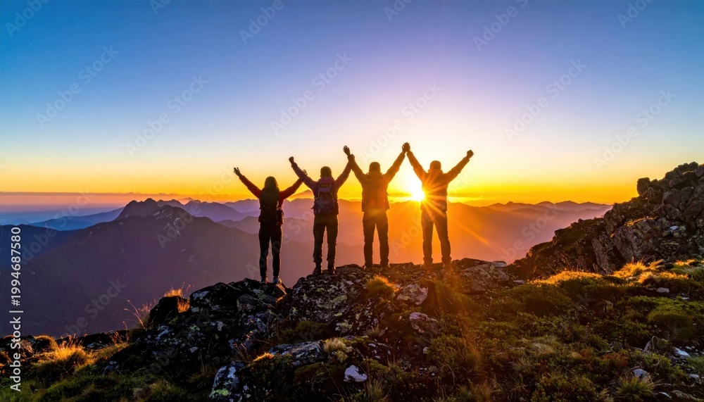 Fototapeta premium Group of hikers standing on mountain peak with arms raised celebrating success at sunrise, motivation, achievement, victory, teamwork, leadership, goal attainment