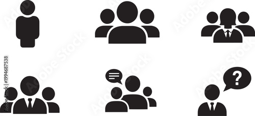 Nine black silhouette icons representing people in various configurations.