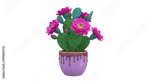 Prickly Pear Cactus with Vibrant Pink Flowers in a Decorative Pot