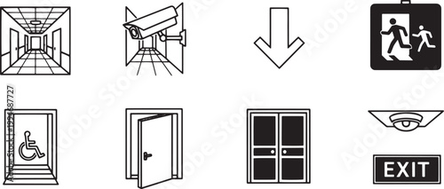 A black and white graphic illustration displays eight icons arranged in a grid. The icons represent elements of a building's emergency exits and accessibility features.