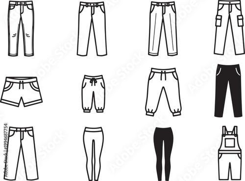 A collection of stylized clothing illustrations. The images show various types of pants and shorts in black and white line art.