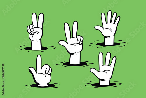 cartoon Hand Signs Set with Victory Fist Point Open Palm and Thumbs Up