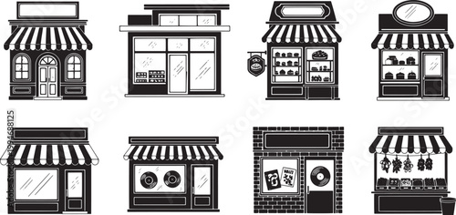 A black and white illustration displays six different storefront designs. Each storefront features a unique architectural style with awnings, windows, and signage.
