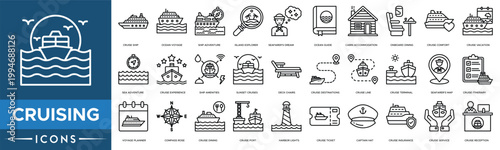 Set of various cruise ship icons showing travel vacation tourism transport and marine sea journey symbols