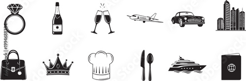 A black and white graphic illustration features a collection of luxury icons arranged in a grid.