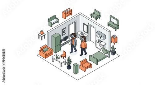 A couple wearing VR headsets uses augmented reality to design and furnish their room, placing virtual furniture in an isometric interior space.