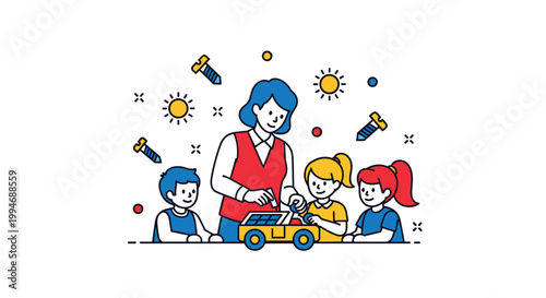 A teacher and a group of diverse elementary students work together on a STEM project, building a toy car powered by a solar panel.