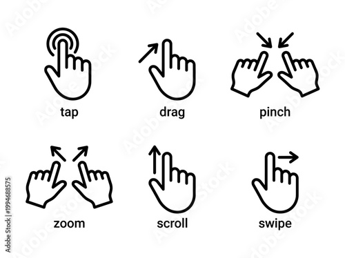 Comprehensive Set of Touchscreen Hand Gesture Line Icons for Digital User Interaction