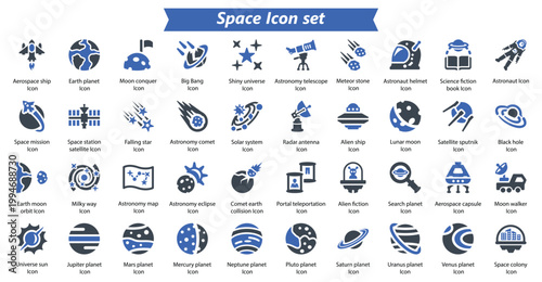 Set of forty space icons featuring planets stars astronaut rockets and galaxy elements in blue and black