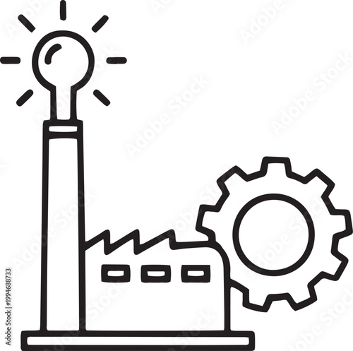 A stylized icon depicts a light bulb connected to a gear mechanism. The light bulb emits rays of light, and the gear is part of a larger industrial system.