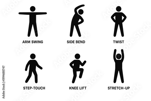 Silhouettes of simple warm ups like arm swing side bend twist step touch knee lift march and stretch up for fitness sheets.