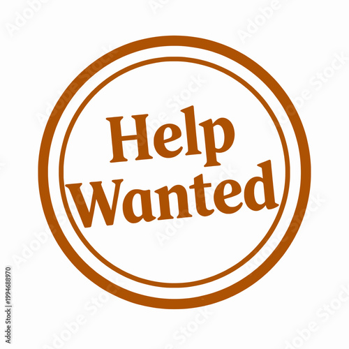 Vintage Help Wanted Badge Seal Illustration: Retro Job Opportunity Announcement Stamp Graphic, distressed texture design for posters, signs, and modern branding elements.