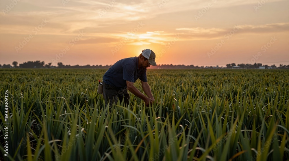 Fototapeta premium Farmer Harvesting Crops at Sunset in a Green Field Landscape
