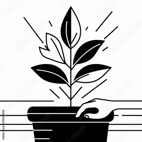 Minimalist Vector Illustration of Hand Caring for a Potted Plant; Symbolizing Growth, Sustainability, and Environmental Development in Black and White Line Art
