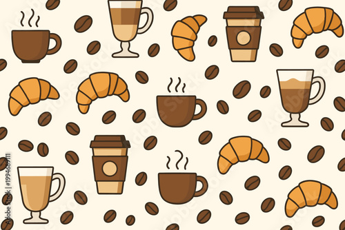 Coffee shop drinks vector seamless pattern mugs pastries beans.