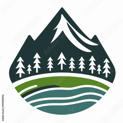Minimalist Nature Mountain and Forest Logo Emblem with Lake and Green Meadow