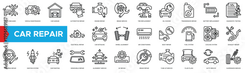 Set of black and white car repair service icons showing maintenance tools parts and vehicle diagnostics