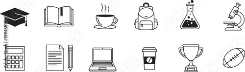 A collection of black and white line icons represents various academic and lifestyle concepts.
