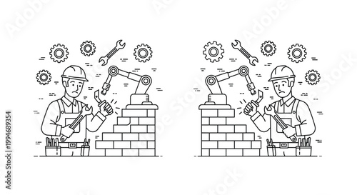 A line art illustration shows a sad construction worker holding wrenches next to a robotic arm building a brick wall on a white background.