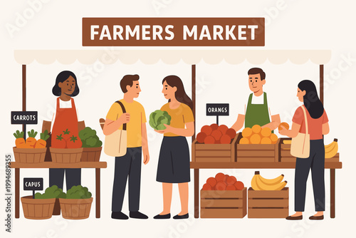 Outdoor farmers market flat vector illustration scene featuring produce stalls baskets customers and signage.