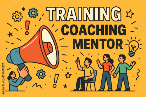 Training coaching mentor flat cartoon comic banner showing oversized megaphone and tiny trainees.