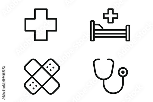 Hospital health clinic vector grid icon set including cross bed bandage stethoscope.