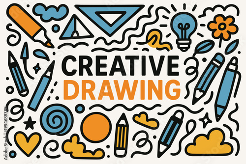 Creative drawing doodle flat vector poster with headline and clustered markers shapes bubbles.