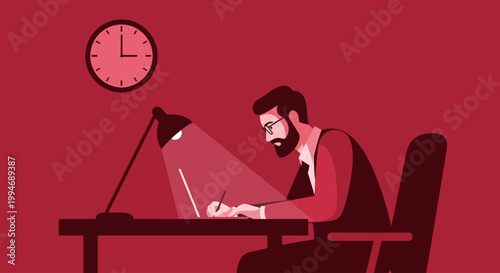 Businessman working diligently at office desk late at night