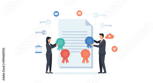 A businessman and businesswoman attach colorful award ribbons to a large document, surrounded by digital icons and keys on a white background.