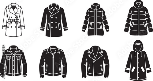 The image displays six black and white line drawings of various coat styles.