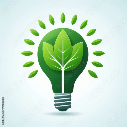 Green Light Bulb with Growing Leaves - Sustainable Energy, Eco-Friendly Innovation, and Environmental Conservation Concept Graphic