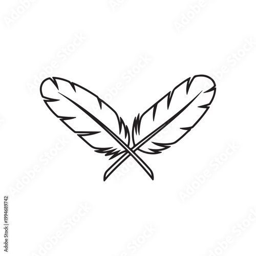 Crossed feathers outline vector flat illustration design